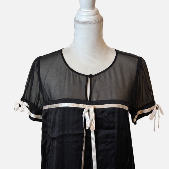 Bebe Y2K Coquette Short Sleeve Silk Blouse Black with Cream Ribbon Detailing - Picture 2 of 14